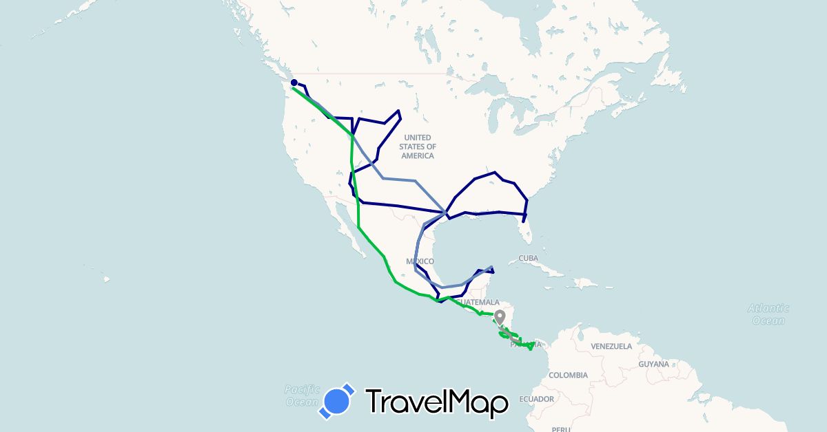 TravelMap itinerary: driving, bus, plane, cycling in Costa Rica, Guatemala, Mexico, Nicaragua, Panama, El Salvador, United States (North America)